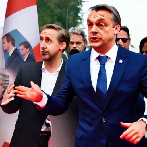 Image similar to Viktor Orban fighting Ryan Gosling