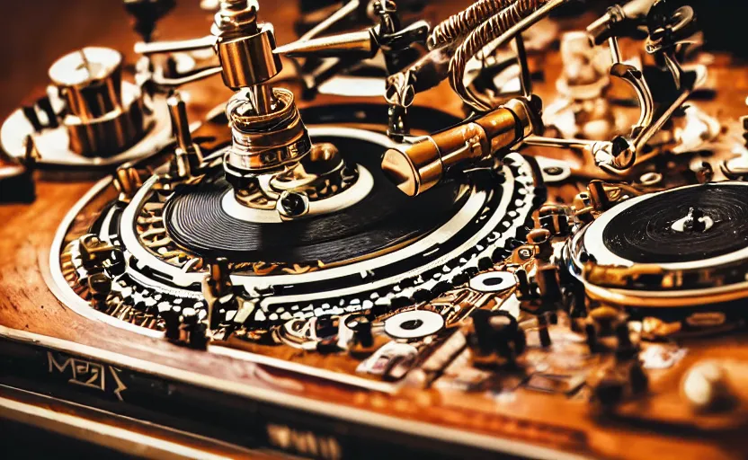 Image similar to a turntablist dj scratching on a retro steampunk clockwork mixing board and record player, intricate carved wood, planetary gears, complex contraption, person wearing old school headphones and visor, cinematix, imax, sharp focus, hyper detail