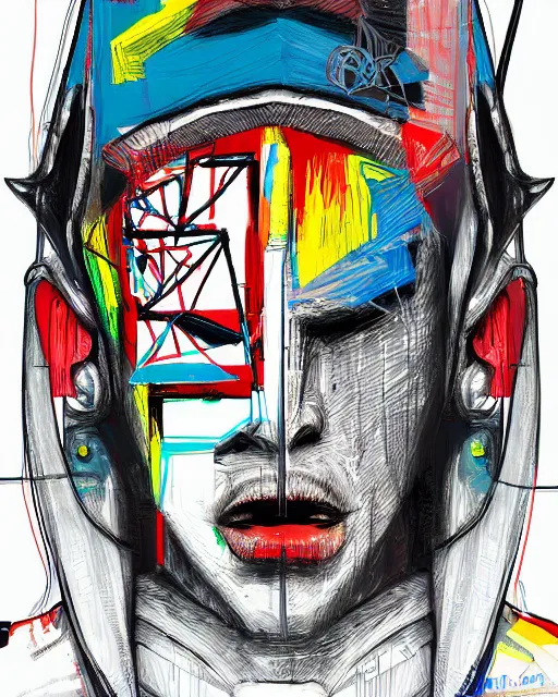 Prompt: a cyberpunk portrait of a great white shark by jean - michel basquiat, by hayao miyazaki by artgerm, highly detailed, sacred geometry, mathematics, snake, geometry, cyberpunk, vibrant, water