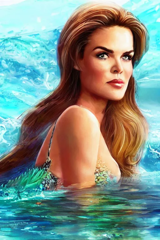 Image similar to mix of beautiful young maria shriver, mariel hemmingway, brooke shields, nicole kidman and elle macpherson as an underwater mermaid, thin lips, hair tied up in a pony tail, dark blonde hair, colorful, artstation, cgsociety