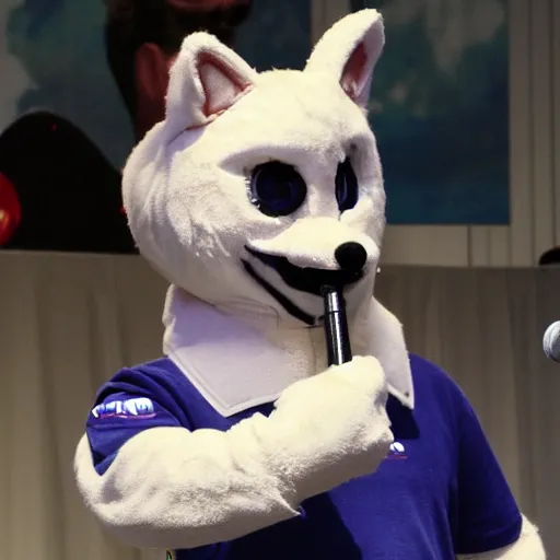 Prompt: Ben Shapiro wearing a fursuit at a furry convention