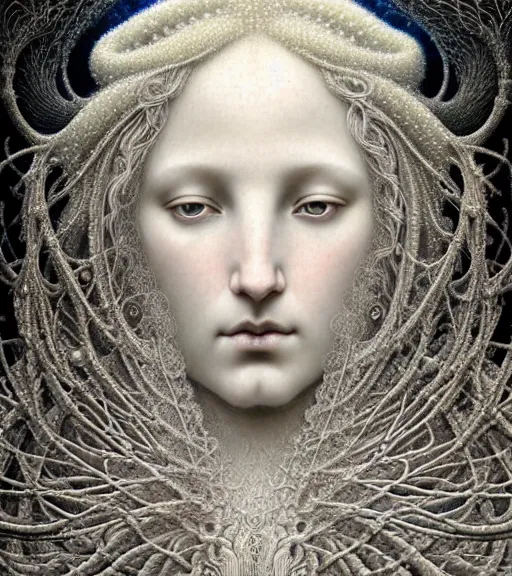 Image similar to detailed realistic beautiful snow goddess face portrait by jean delville, gustave dore, iris van herpen and marco mazzoni, art forms of nature by ernst haeckel, art nouveau, symbolist, visionary, gothic, neo - gothic, pre - raphaelite, fractal lace, intricate alien botanicals, ai biodiversity, surreality, hyperdetailed ultrasharp octane render