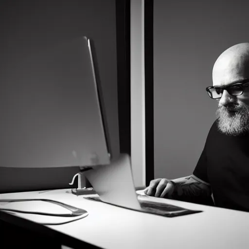 Prompt: dystopian photo of a slim, bald, middle aged man with a short beard and sleeve tattoos, he is sitting at a desk with a pc in a dark room, atmospheric, darkness, glowing screen, crisp detail, medium distance, office cubicles, by paolo pellegrin