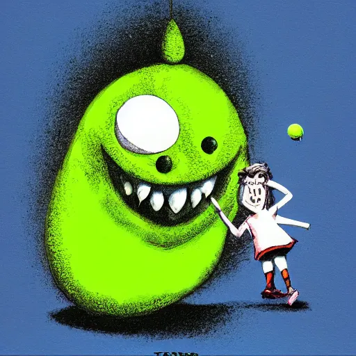 Prompt: a tennis ball monster, tennis ball, dark, chalky, Alice and wonderland, digital art, fantasy, magic, trending on artstation, ultra detailed, professional illustration by Basil Gogos