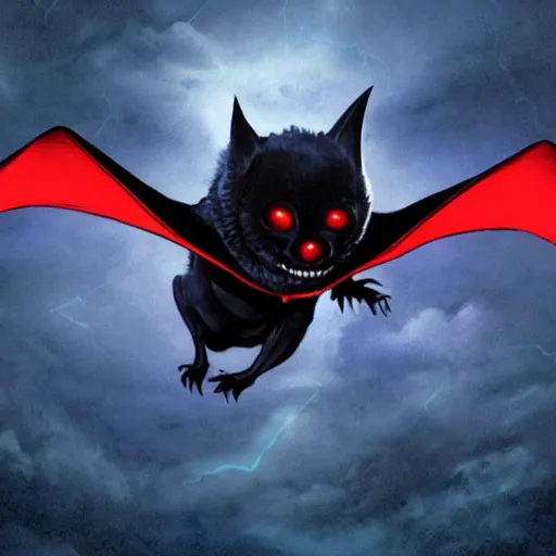 Image similar to CCTV Footage of detailed full body of scary giant mutant dark blue humanoid bat, glowing red eyes flying above a stormy ocean, sharp teeth, acid leaking from mouth, realistic, giant, bat ears, bat nose, bat claws, bat wings, furred, covered in soft fur, detailed, 85mm f/1.4
