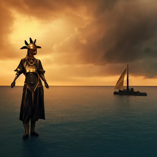 Prompt: portrait of a ship on the sea with a medieval woman ship pilot from behind, dramatic golden sunset with storm clouds, wearing shiny breastplate, octane render, dynamic lighting, hyperrealistic, artstation