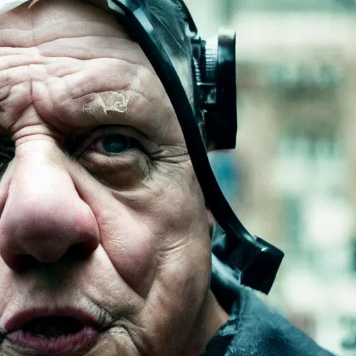 Image similar to david attenborough as the punisher, unmasked, movie still, cinematic, photorealistic, extreme detail, facial features, sharp focus, 8 k, rain, close up, anamorphic lens, lighting, dark
