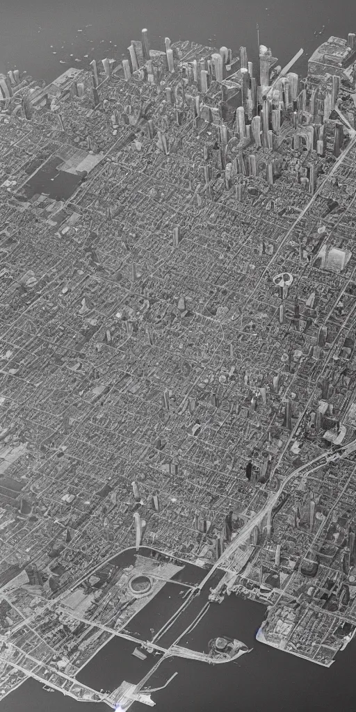 Prompt: high detail intaglio of toronto in the 1 9 7 0 s, aerial photography, 8 k hdr.