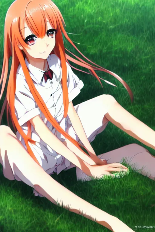 Prompt: anime art full body portrait character concept art, anime key visual of elegant young female, light orange - red hair, straight bangs and large eyes, white formal shirt and tie, finely detailed perfect face delicate features directed gaze, laying down in the grass at sunset in a valley, trending on pixiv fanbox, studio ghibli, extremely high quality artwork