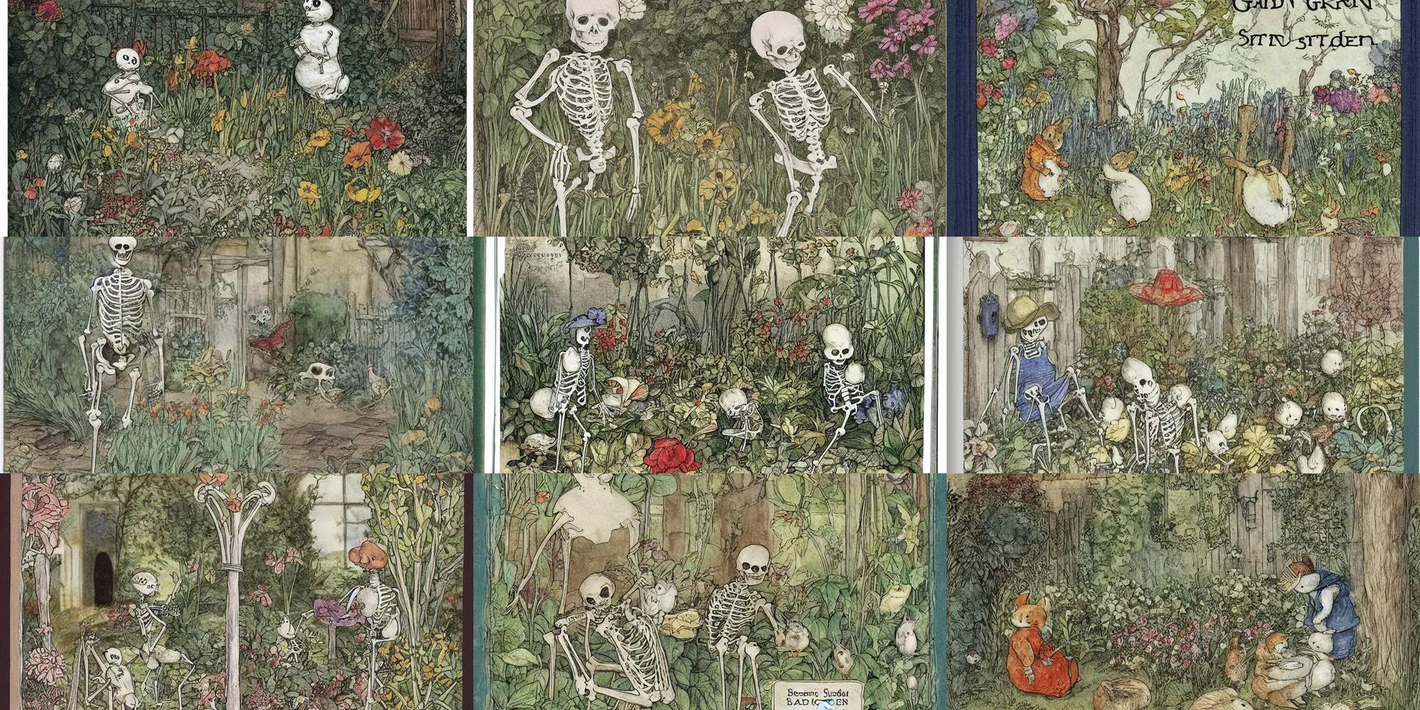 Prompt: garden skeleton book cover by beatrix potter