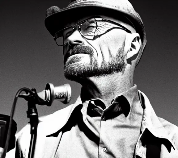 Image similar to walter white singing with a microphone in the desert, realistic, movie still, close up