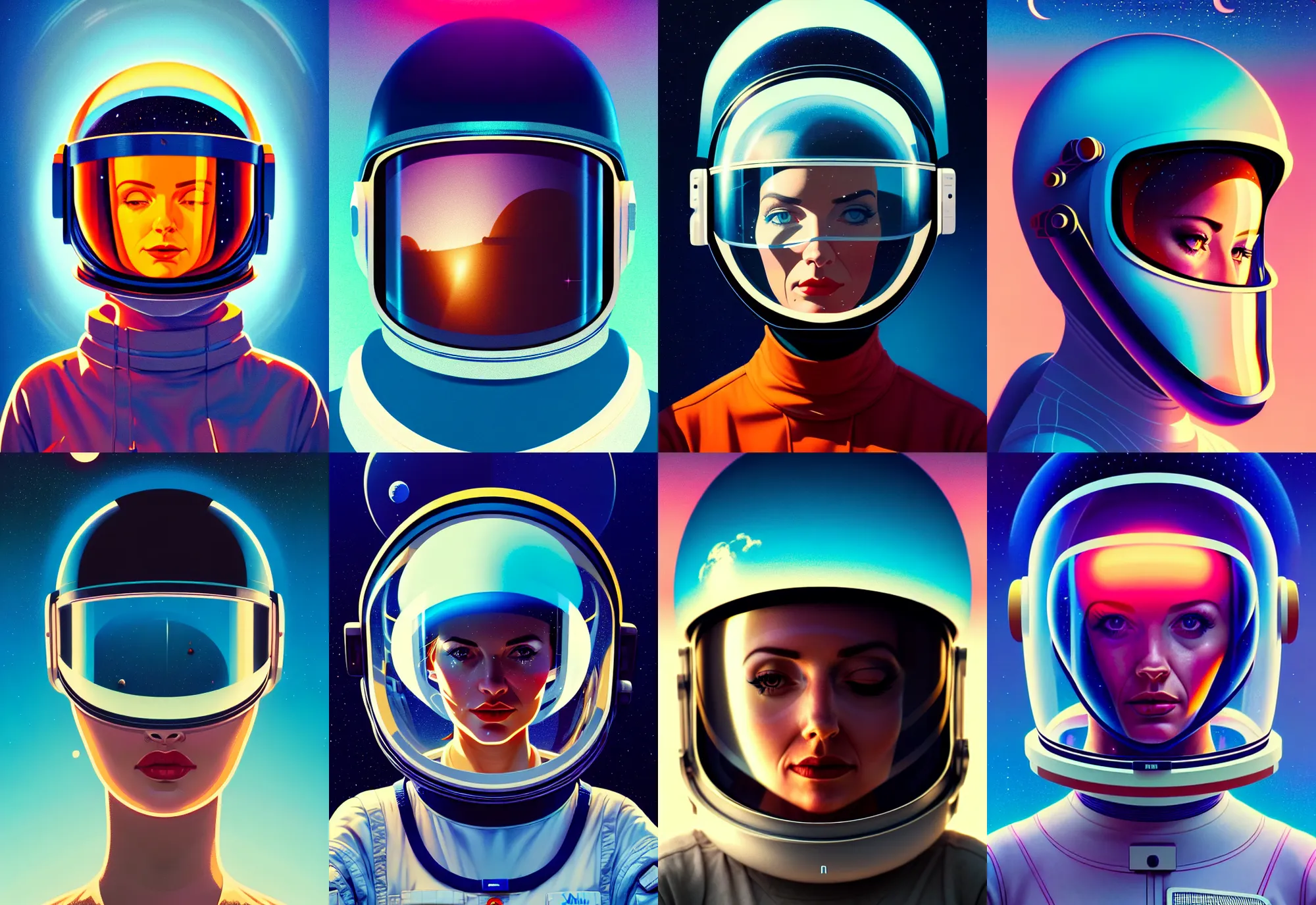 Prompt: retrofuturistic portrait of a woman in astronaut helmet, smooth transparent visor, reflective gradient, space graphics art in background, close up, quint buchholz, wlop, dan mumford, artgerm, liam brazier, peter mohrbacher, raw, featured on artstation, octane render, cinematic, elegant, intricate, 8 k