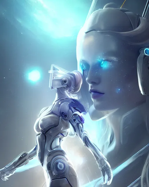 Image similar to perfect android girl on a mothership, warframe armor, beautiful face, scifi, futuristic, galaxy, nebula, raytracing, dreamy, long white hair, blue cyborg eyes, sharp focus, cinematic lighting, highly detailed, artstation, divine, by gauthier leblanc, kazuya takahashi, huifeng huang