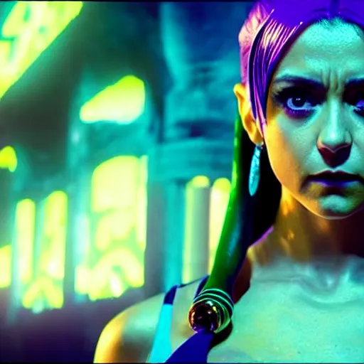 Image similar to cinematic scene with nina dobrev as jolyne from jojo's bizarre adventure, live action film, stone ocean, dramatic, small details, volumetric lighting, still frame