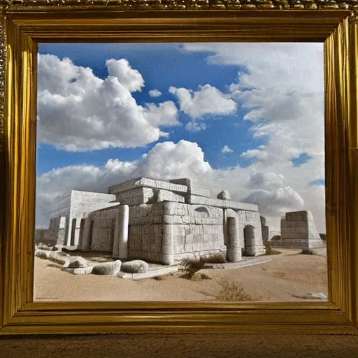 Prompt: clouds shaped like the second temple in jerusalem, the beis hamikdash surrealism