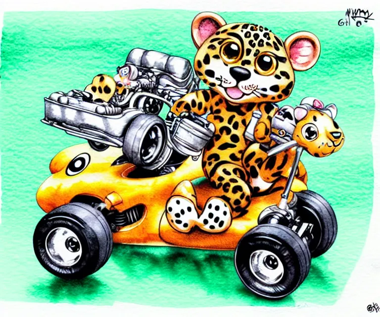 Image similar to cute and funny, baby leopard riding in a tiny go kart with oversized engine, ratfink style by ed roth, centered award winning watercolor pen illustration, isometric illustration by chihiro iwasaki, edited by range murata, tiny details by artgerm and watercolor girl, symmetrically isometrically centered