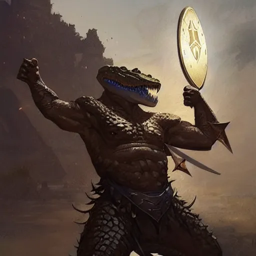 Image similar to a crocodile warrior holds a morning star and a shield, by greg rutkowski, magic the gathering,