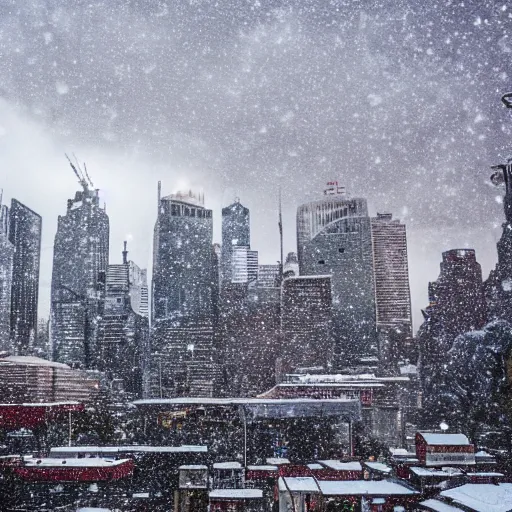 Prompt: sydney city scape, winter wonderland, snowfall, blizzard, inclement weather