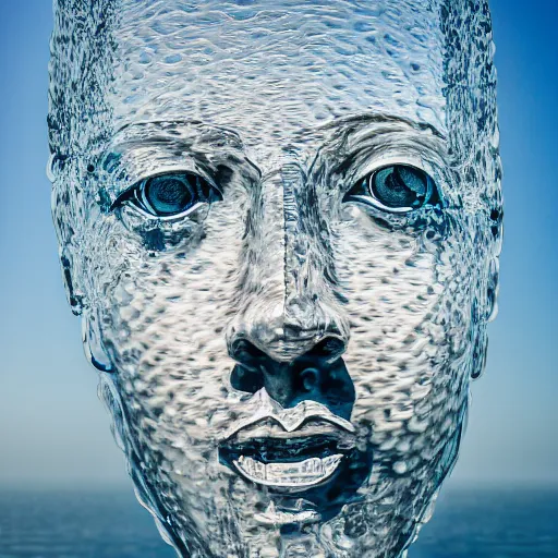 Prompt: a water sculpture in the shape of a human head, on the ocean water, cinematic, in the style of johnson tsang, long shot, hyper detailed, hyper realistic, ray tracing, 8 k resolution, sharp focus, realistic water, award winning