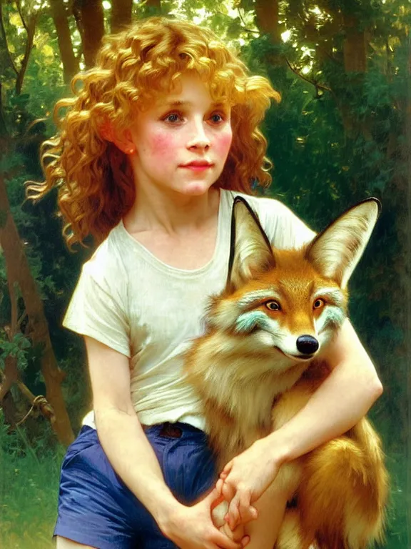 Image similar to a seven - year old with long curly dirty blonde hair, blue eyes, tan skin, a tee shirt and shorts, playing with foxes, painting by daniel gerhartz, alphonse mucha, bouguereau, detailed art, accurate facial details, freckled face, artstation