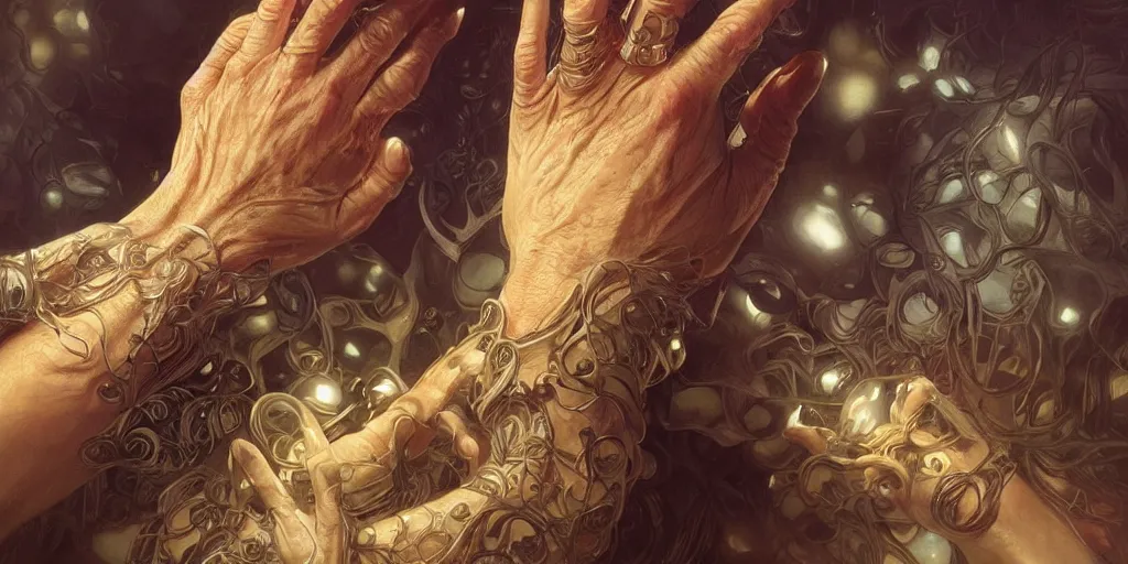 Image similar to too many hands, gnarled, so many hands, fingers, weird amount of hands, intense lighting, light beams, lens flare, intricate, elegant, highly detailed, digital painting, artstation, concept art, smooth, sharp focus, illustration, art by artgerm and greg rutkowski and alphonse mucha