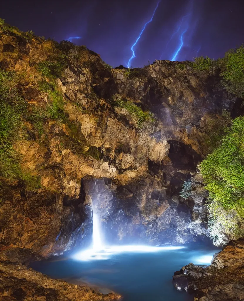 Image similar to endless waterfalls, obsidian cliffs, bright blue glowing water, night photography, magical