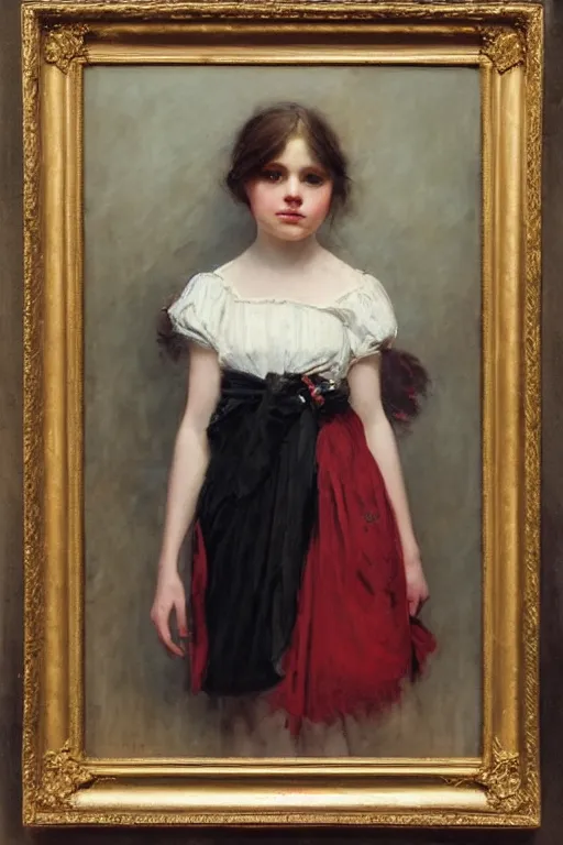 Image similar to Solomon Joseph Solomon and Richard Schmid and Jeremy Lipking victorian genre painting full length portrait painting of a young girl holding a bouquet, red background