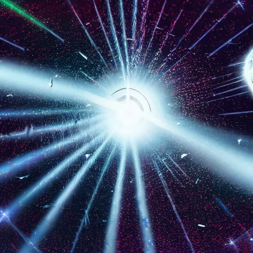 Prompt: dyson swarm flying around bright white star attacked by giant alien spaceship, few major laser beams on the background, panorama view, detailed digital art, hi-res objects, 8k