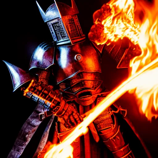 Image similar to photo of a hell knight with flaming weapons, highly detailed, 4k, HDR,