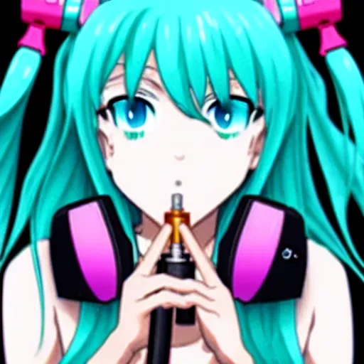 Image similar to hatsune miku high on weed with bloodshot eyes smoking with a vape pen.