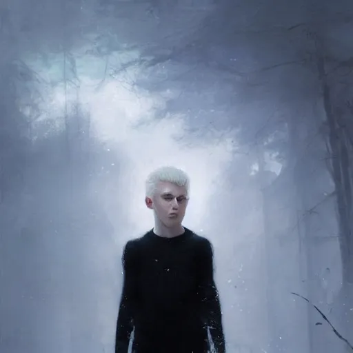 Image similar to a 14 year old teenage ghost boy with pale skin, white hair and glowing green eyes wearing a black spandex suit. White breath showing in the cold air. Masterpiece. Repin. Ruan Jia. By Greg Rutkowski