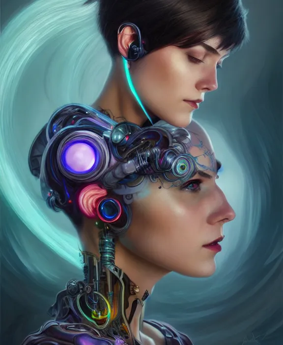 Image similar to a whirlwind of souls rushing inside the metaverse, half body, jewelry, fashionable short haircut, headset, android, cyborg, cyberpunk face, by loish, d & d, fantasy, intricate, elegant, highly detailed, colorful, vivid color, digital painting, artstation, concept art, art by artgerm and greg rutkowski and alphonse mucha