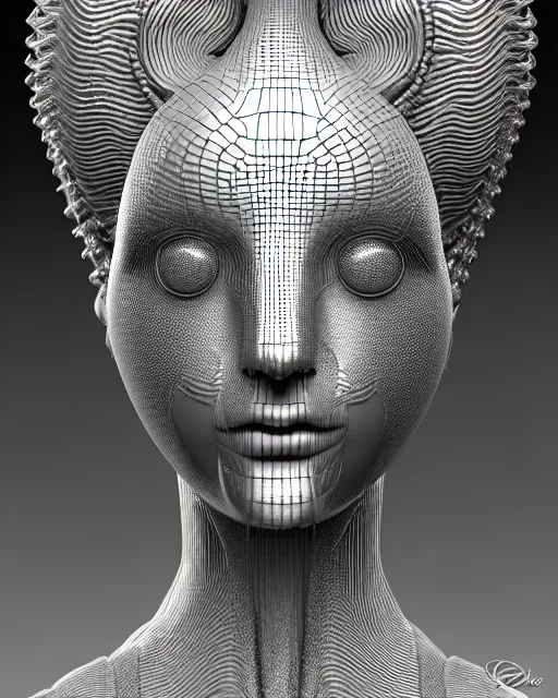 Prompt: mythical black and white organic bio-mechanical spinal ribbed profile face portrait detail of silver mechanical beautiful female angelic-queen-vegetal-cyborg, highly detailed, intricate steampunk flower ornate, poetic, 3D render, digital art, octane render, 8K artistic photography, photo-realistic, by Dora Maar