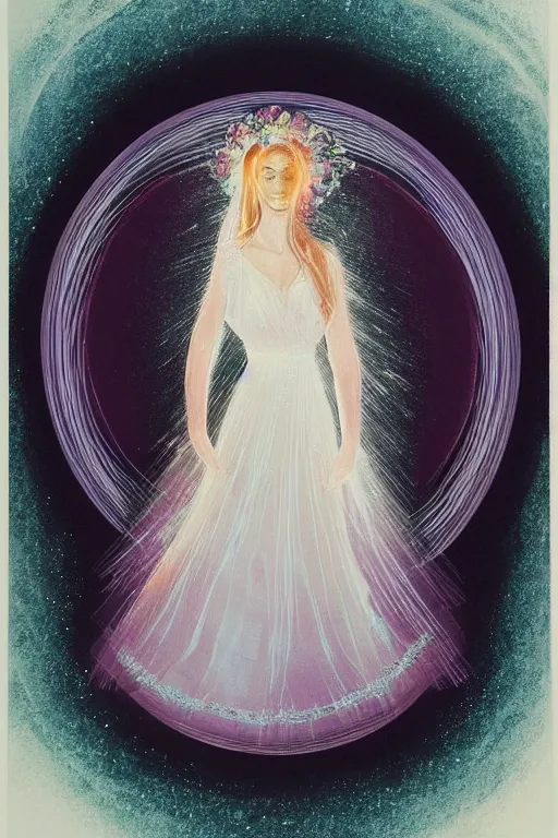 Image similar to The image depicts a woman in a flowing white dress, holding a bouquet of flowers. She is surrounded by a bright, halo-like aura. The background is a series of concentric circles, radiating out from the woman. The overall effect is one of serenity and heavenly beauty. The lithograph is printed in a limited number of colors, but the effect is very rich and detailed. Mucha's use of line is particularly notable, as it creates a sense of movement and energy around the central figure. The concentric circles in the background add to this sense of motion, while also providing a stable reference point for the viewer. The overall composition is well balanced and harmonious. The lithograph is printed in a limited number of colors, but the effect is very rich and detailed. Mucha's use of line is particularly notable, as it creates a sense of movement and energy around the central figure. The concentric circles in the background add to this sense of motion, while also providing a stable reference point for the viewer.