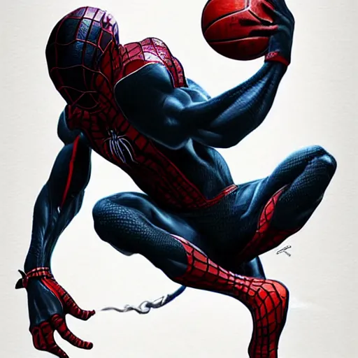 Image similar to highly detailed art of venom dunking a basketball into a loop over spider man, ultra realistic, trending in artstation