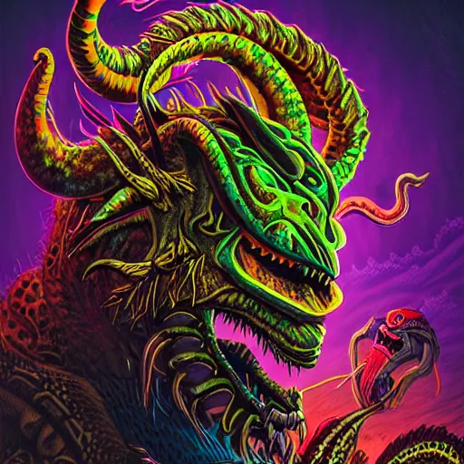 Image similar to side profile of barong family member, wiwek, mara demon, one single tribe member, jungle, one single mask, dark, ancient warrior, snake, bull, lizard, alien, dragon, tribal, inner glow, art by dan mumford and justin gerard