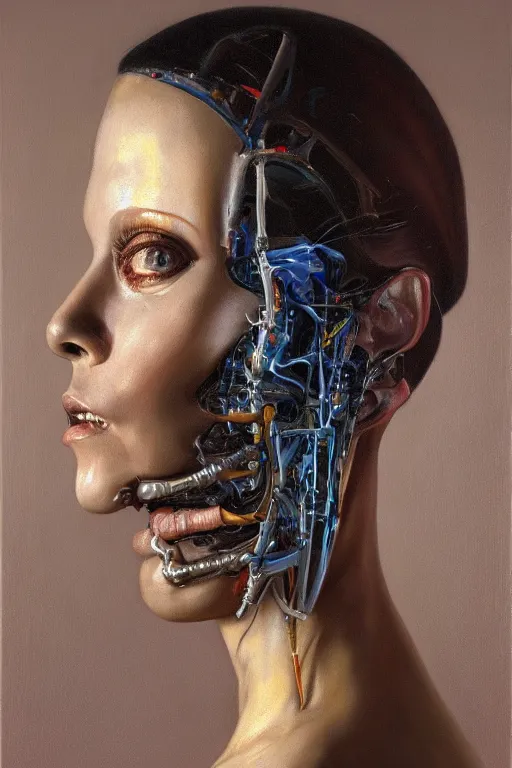 Prompt: beautiful oil painting portrait of biomechanical woman face connected to the machine by wayne thiebaud, wayne barlowe, rembrandt, complex, stunning, realistic skin color, 4 k, high res, awardwinning, masterpiece, realistic lighting