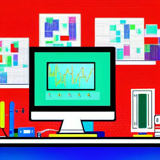 Image similar to Code, graphs and research at the old computer screen. 4k high detailed painting in Pop art style.