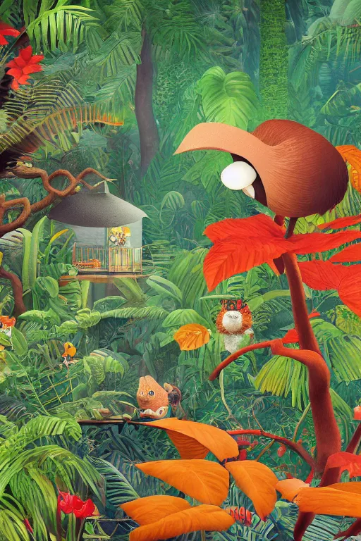 Prompt: rare bird in the jungle, hyper detailed, unreal engine render concept art, glitch, style of henri rousseau and richard scarry and hiroshi yoshida