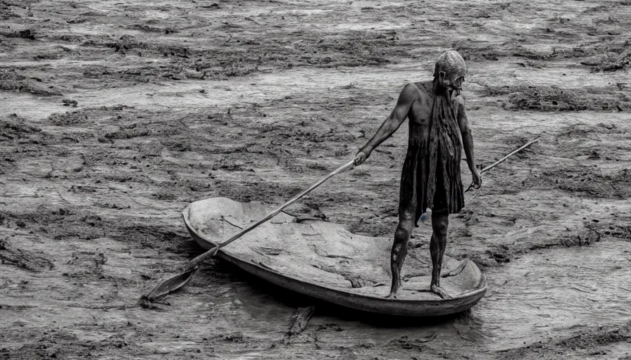 Prompt: a man in a organic barque on a mud river, leica sl 2 technicolor, heavy grain, high quality, high detail