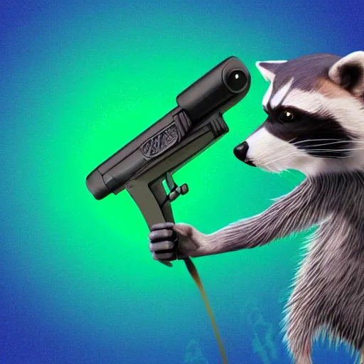 Image similar to racoon holding a laser gun, digital art , centred award winning 4K