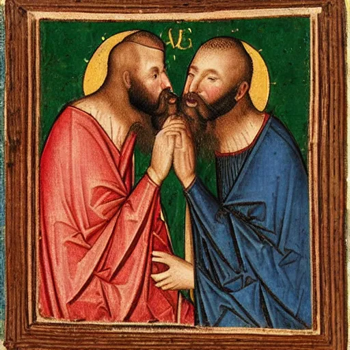 Image similar to medieval art, bearded man kissing bearded man