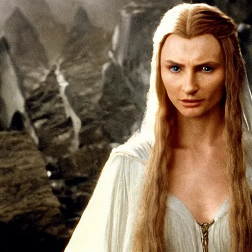 Image similar to Liam Neeson as Galadriel, Lord of the Rings, film still, high detail