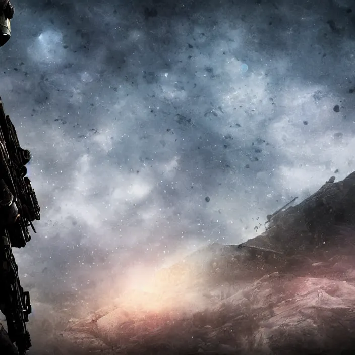 Prompt: cinematic background blur bokeh, beautiful lighting, call of duty ghost soldier looking out into the vastness of space, digital art