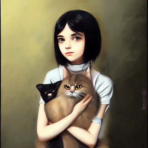 Prompt: a painting of cute innocent happy emo young adult, with long dark hair, thick eyebrows, dark eyes and dark circles wide nose, big eyes, oval face, big cheeks holding her cat, photorealistic painting by tran nguyen ilya kuvshinov and greg rutkowski featured on deviantart, detailed painting