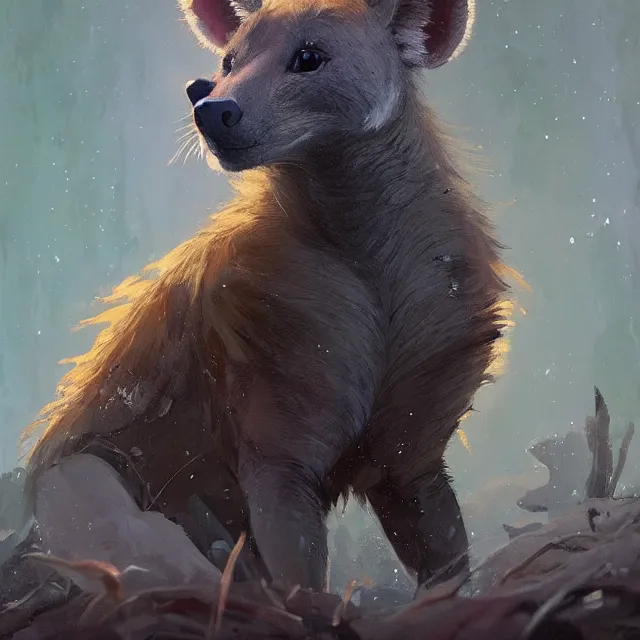 Image similar to a beautiful painting of a cute brown hyena. gray otter. in a forest. disney character design by cory loftis, fenghua zhong, ryohei hase, ismail inceoglu and ruan jia. artstation, volumetric light, detailed, photorealistic, rendered in octane