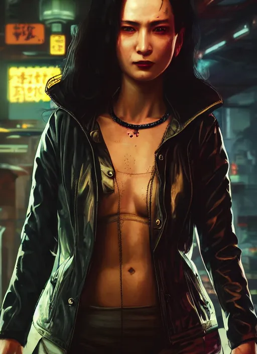 Prompt: portrait of elizabeth the second as a yakuza gangster character in Cyberpunk 2077, looking at camera, intricate, dystopian, sci-fi, extremely detailed, digital painting, artstation, concept art, smooth, sharp focus, illustration, intimidating lighting, incredible art by artgerm and greg rutkowski and alphonse mucha and simon stalenhag