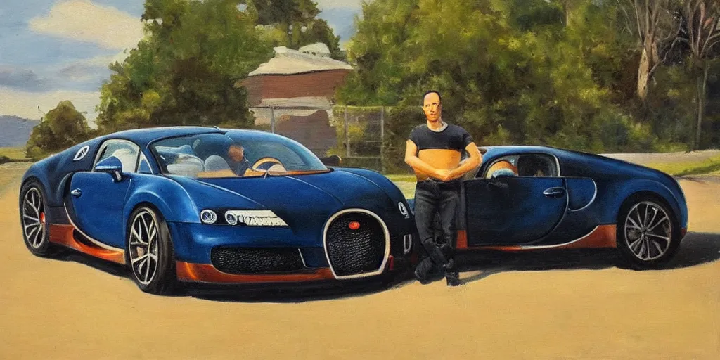 Image similar to a painting of andrew tate and his bugatti by bob ross