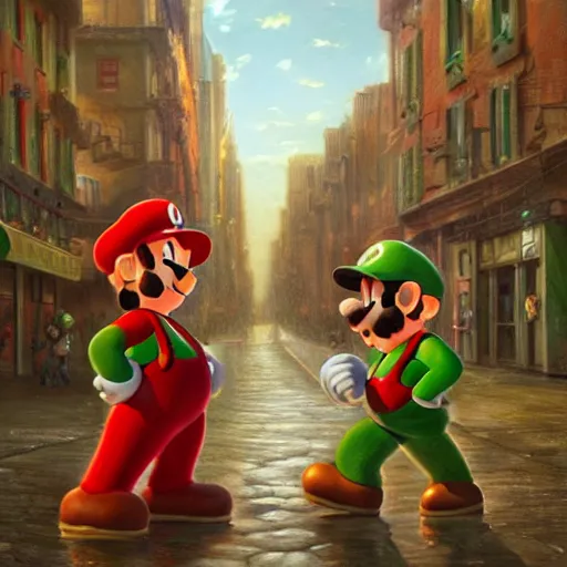 Image similar to mario and luigi at a photo shoot, detailed, centered, digital painting, artstation, concept art, donato giancola, joseph christian leyendecker, wlop, boris vallejo, breathtaking, 8 k resolution, extremely detailed, beautiful, establishing shot, artistic, hyperrealistic, beautiful face, octane render, cinematic lighting, dramatic lighting, masterpiece