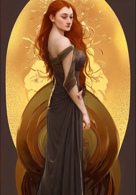 Image similar to sansa stark in gold dress with long hair, intricate, elegant, highly detailed, digital painting, artstation, concept art, smooth, sharp focus, illustration, art by artgerm and greg rutkowski and alphonse mucha and william - adolphe bouguereau